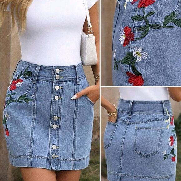 Embroidered Denim Skirt with Floral Design - Picture 1 of 4
